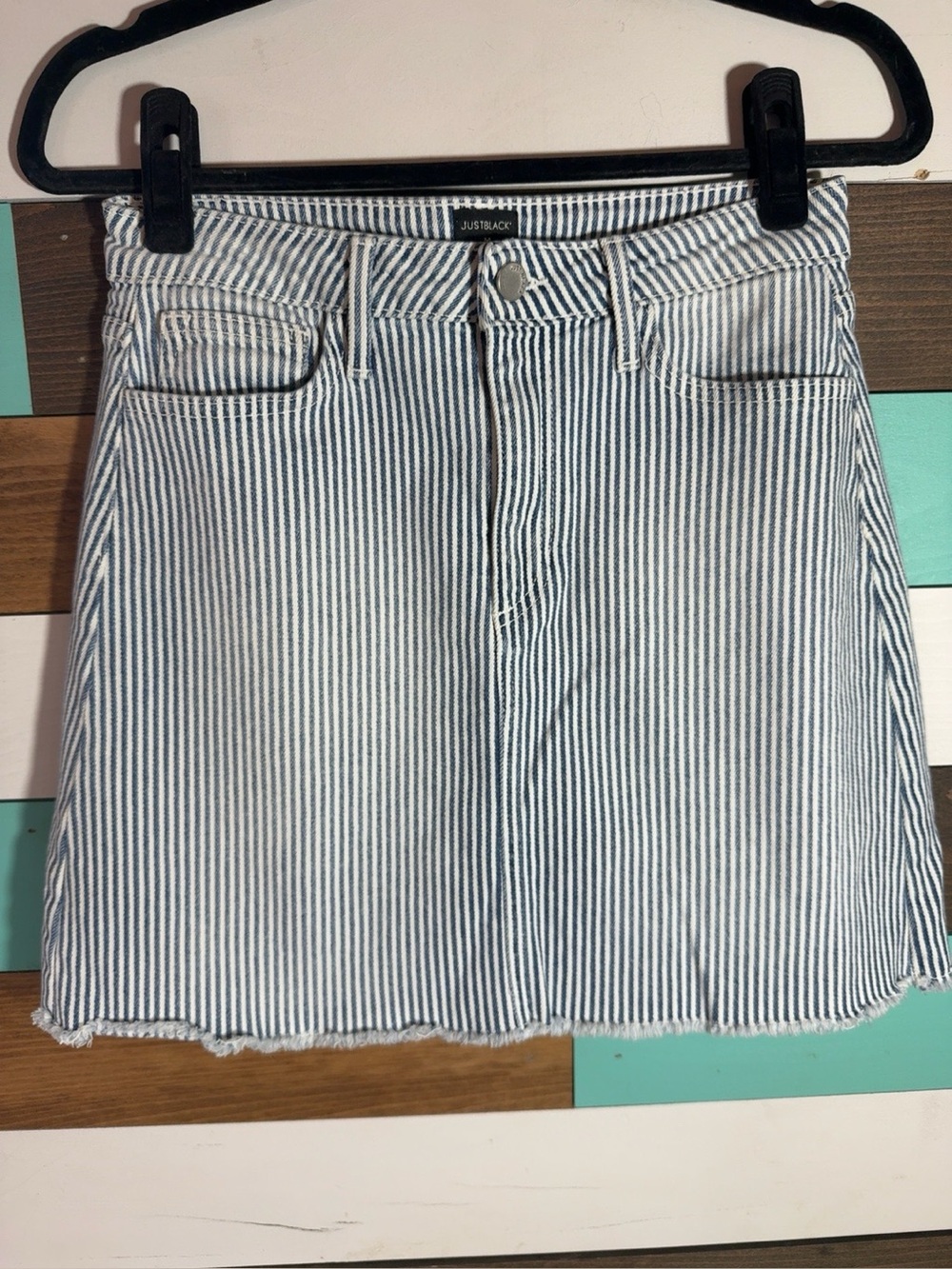 Just Black Blue & White Striped Denim Mini Skirt